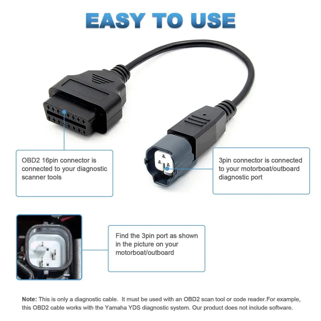 OBD2 Adapter for Yamaha Outboard 3 Pin to 16 Pin Diagnostic Cable,Fits Yamaha Jet Boat/Motorboat Work with YDS Diagnostic System Blackbox Automotive Diagnostics