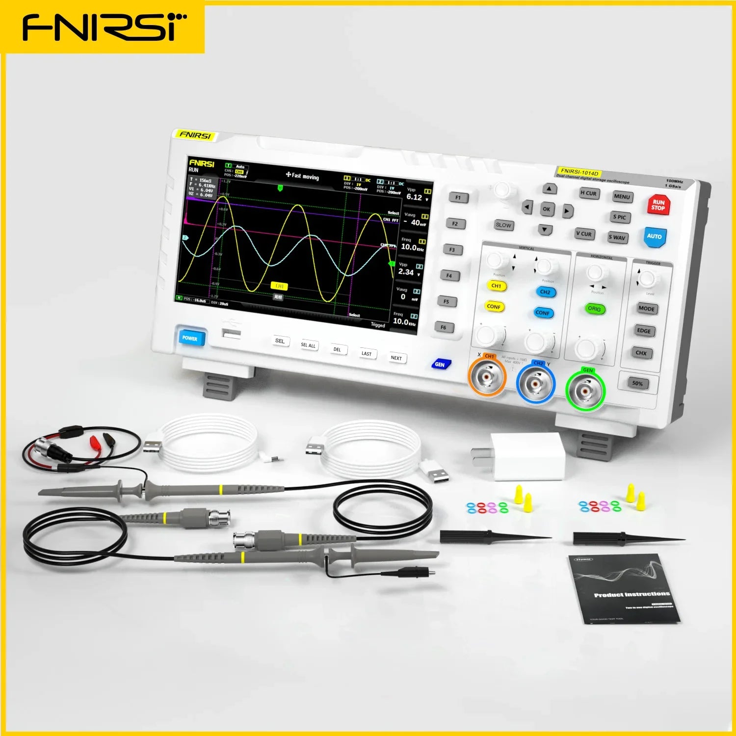 FNIRSI 1014D Digital Oscilloscope 2 In 1 Dual Channel Input Signal Generator 100MHz* 2 Analog Bandwidth 1GSa/s Sampling Rate Blackbox Automotive Diagnostics