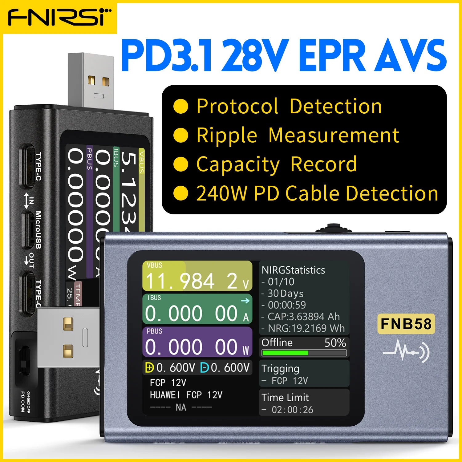 FNIRSI-FNB58 USB Tester Voltmeter Ammeter TYPE-C Fast Charge Detection Trigger Capacity Measurement Ripple Measurement Blackbox Automotive Diagnostics