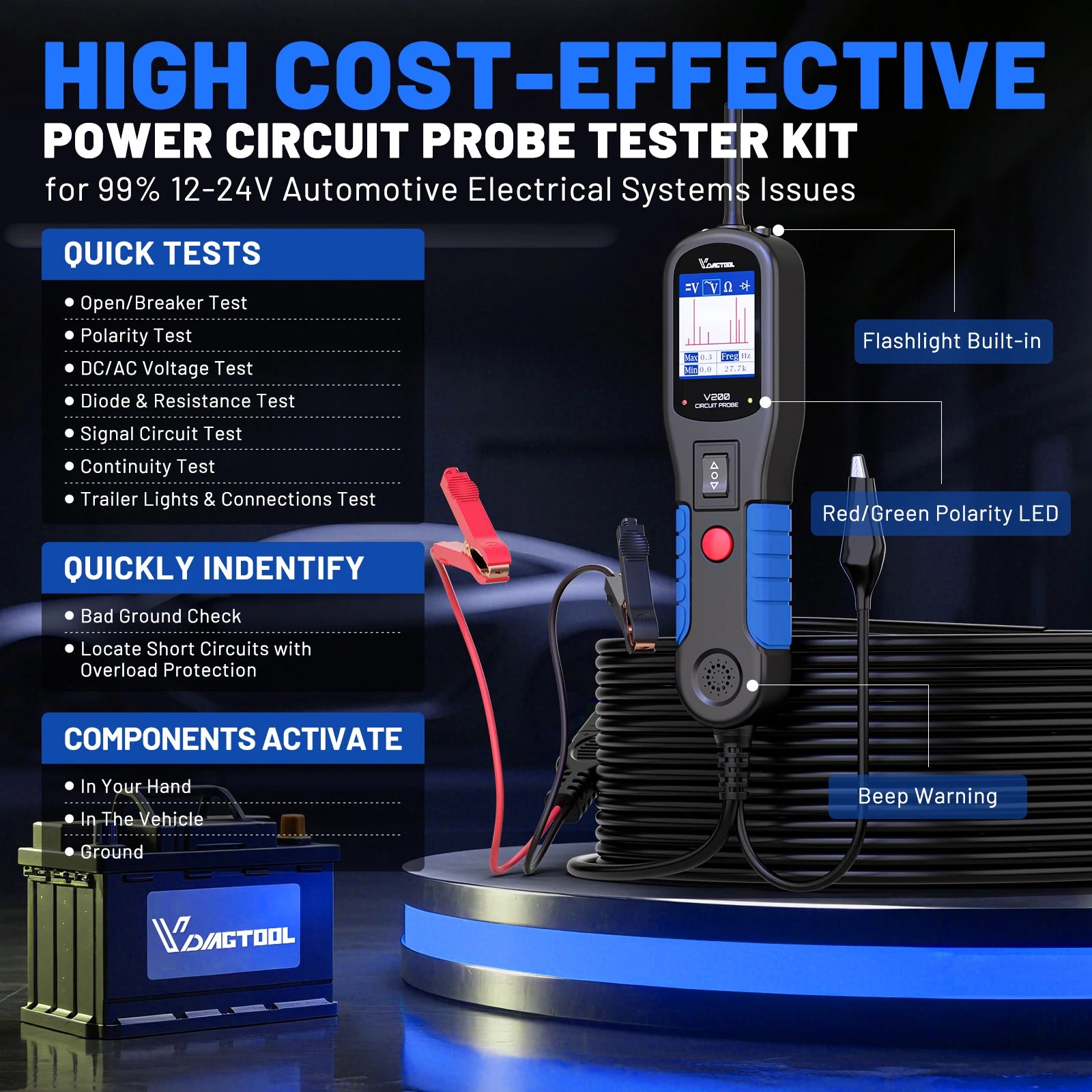 VDIAGTOOL V200 Car Electric Circuit Tester 6V-30V Automotive Power Probe Kit Electrical System Tester LCD Display Voltage Tester Electrical Diagnostic Tools ﻿ Blackbox Automotive Diagnostics