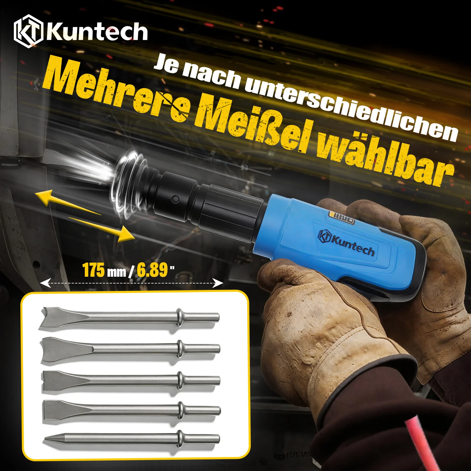 Heavy Duty Pneumatic Air Hammer 89mm Stroke 5CFM, Multi-Function Air Powered Hammer Tool Set with Chisels & Adapters, Industrial Air Chisel for Car Chassis Disassembly Sheet Metal Rust Removal Auto Workshop Mechanic Repair Blackbox Automotive Diagnostics