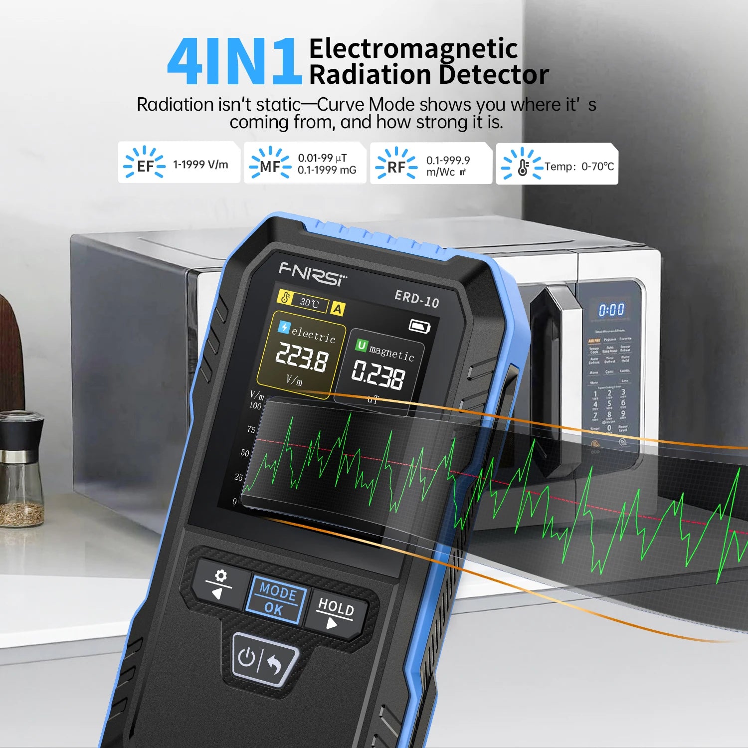FNIRSI ERD-10 4-IN-1 Electromagnetic Radiation Detector, Electric & Magnetic Field Strength, RF Power, Temperature Monitor Blackbox Automotive Diagnostics