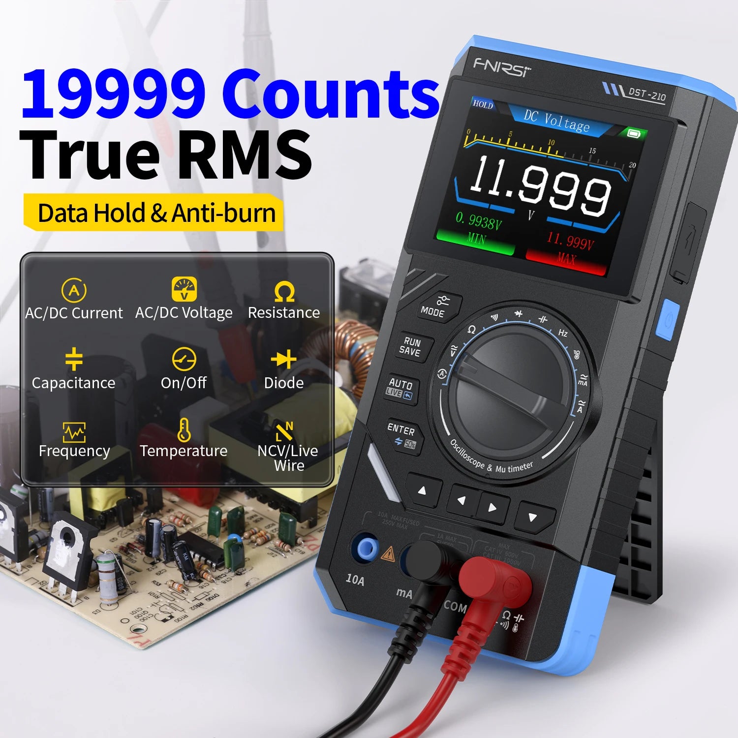 FNIRSI DST-210 and DST-201 3IN1 Digital Multimeter Oscilloscope Signal Source 19999 Counts 10MHz/1MHz Portable Electrician Tools Blackbox Automotive Diagnostics