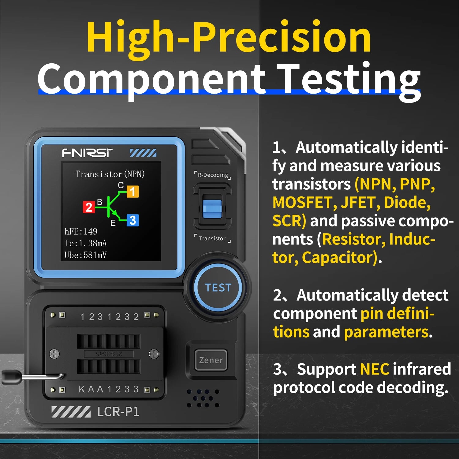 FNIRSI LCR-P1 Transistor Tester Diode Triode Capacitance Resistance Meter LCR ESR Meter NPN PNP MOSFET IR Multifunction Tester Blackbox Automotive Diagnostics