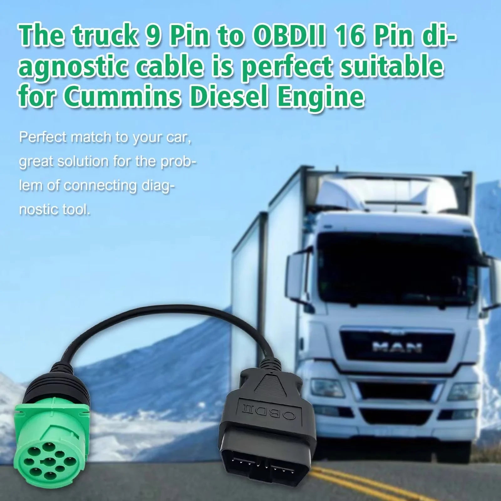 OBD2 to J1939 Green Type 2 Adapter Cable (16 Pin Male to 9 Pin Female Connector) for Heavy Duty Trucks and Commercial Vehicles Blackbox Automotive Diagnostics
