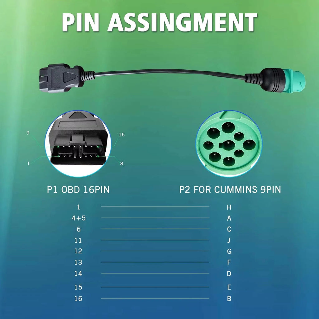 OBD2 to J1939 Green Type 2 Adapter Cable (16 Pin Male to 9 Pin Female Connector) for Heavy Duty Trucks and Commercial Vehicles Blackbox Automotive Diagnostics