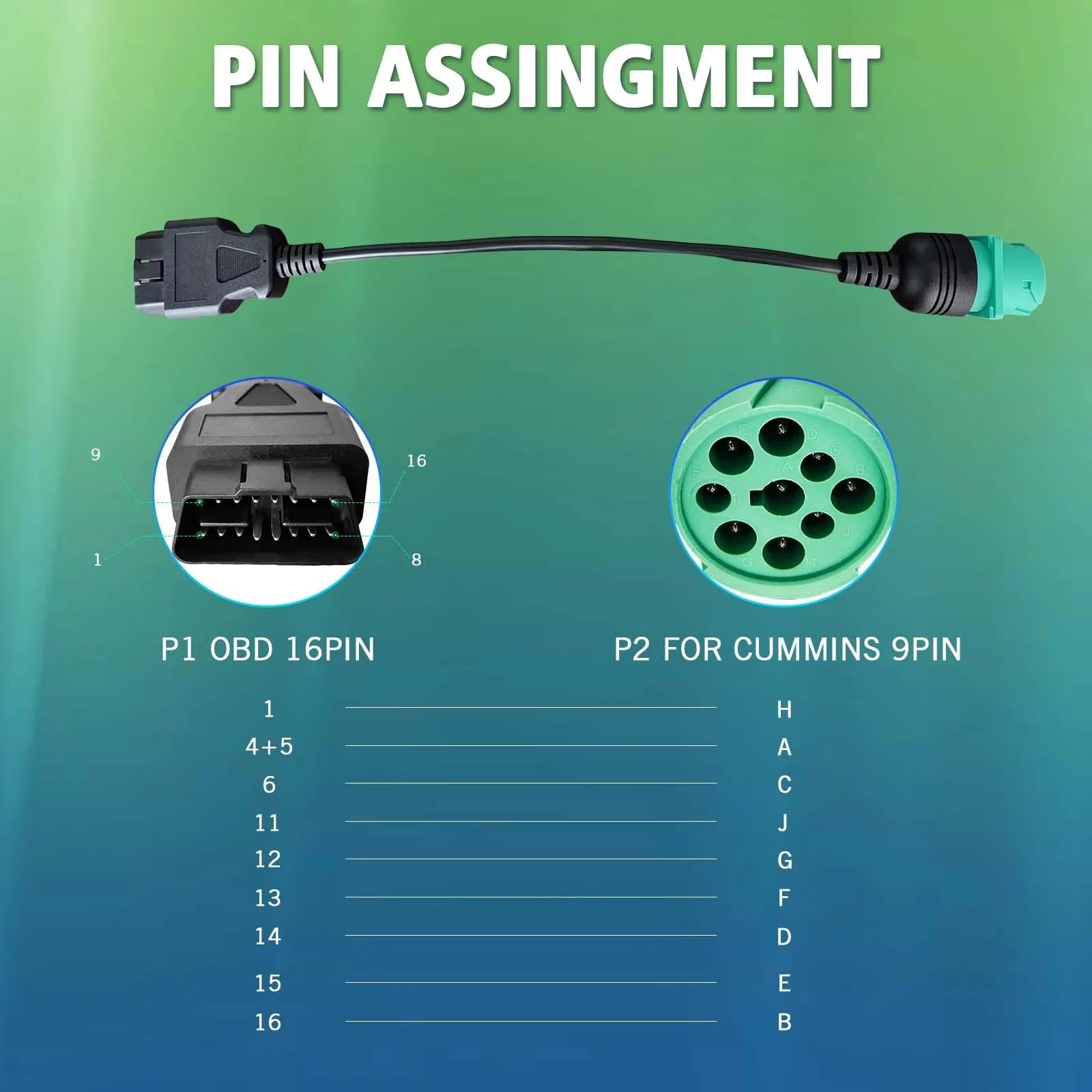 OBD2 to J1939 Green Type 2 Adapter Cable (16 Pin Male to 9 Pin Female Connector) for Heavy Duty Trucks and Commercial Vehicles Blackbox Automotive Diagnostics