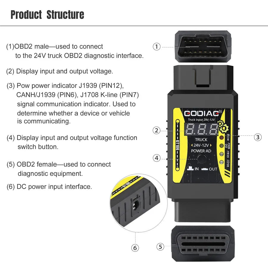 Godiag GT106 PLUS  24V to 12V Heavy Duty Truck Adapter for X431 for Truck Converter Heavy Duty Vehicles Diagnosis Blackbox Automotive Diagnostics