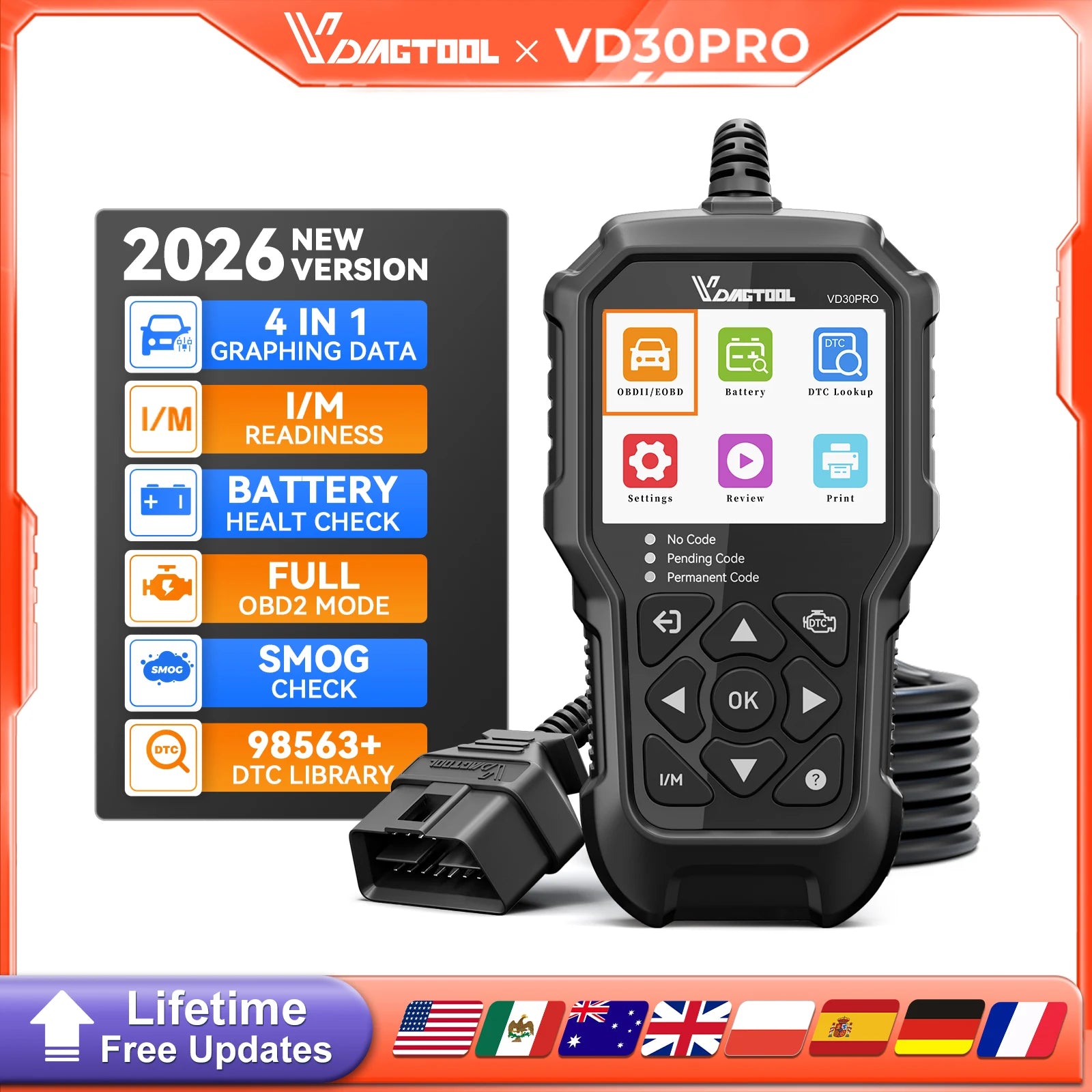 VDIAGTOOL VD30 Pro OBD2 Scanner Diagnostic Tool with Reset  Live Data Freeze Frame I/M Readiness for Cars and Trucks Blackbox Automotive Diagnostics