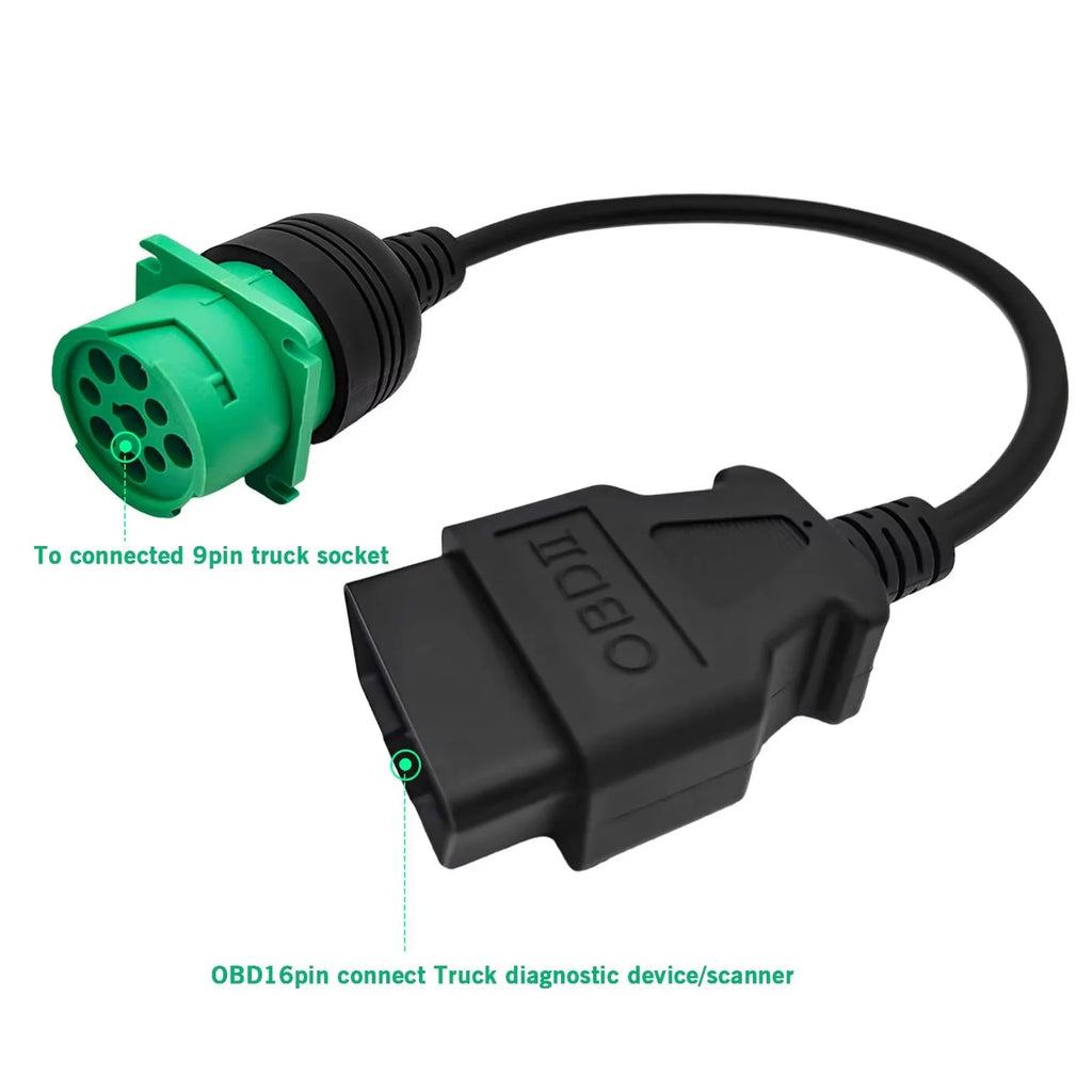 OBD2 to J1939 Green Type 2 Adapter Cable (16 Pin Male to 9 Pin Female Connector) for Heavy Duty Trucks and Commercial Vehicles Blackbox Automotive Diagnostics