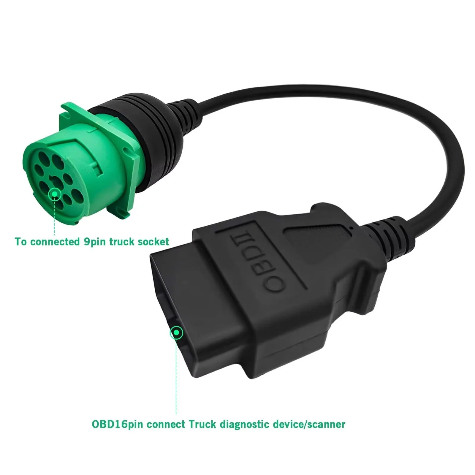 OBD2 to J1939 Green Type 2 Adapter Cable (16 Pin Male to 9 Pin Female Connector) for Heavy Duty Trucks and Commercial Vehicles Blackbox Automotive Diagnostics