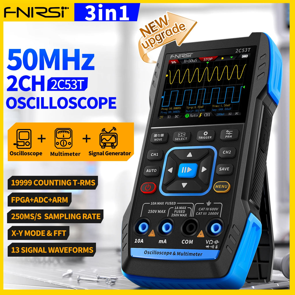 FNIRSI 2C53T 2C23T Upgrade 3in1 Oscilloscope Multimeter Signal Generator 50MHz Bandwidth 250MS Rate Dual Channel 20000 Counts Blackbox Automotive Diagnostics