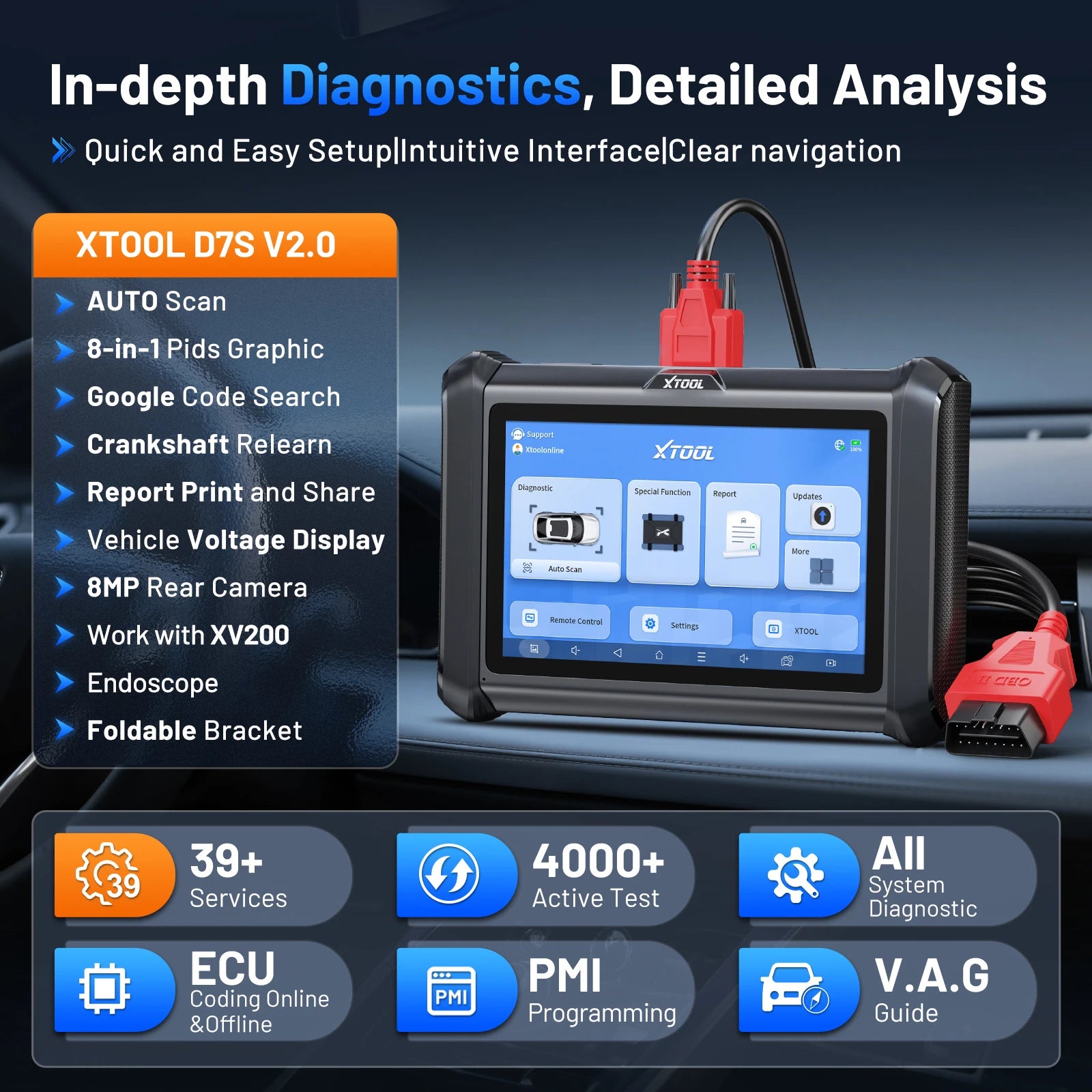 XTOOL D7S V2.0 Automotive Scanner Bi-Directional OBD2 Diagnostic Tool ECU Coding Key Programmer with 39+ Service CANFD DOIP FCA Blackbox Automotive Diagnostics