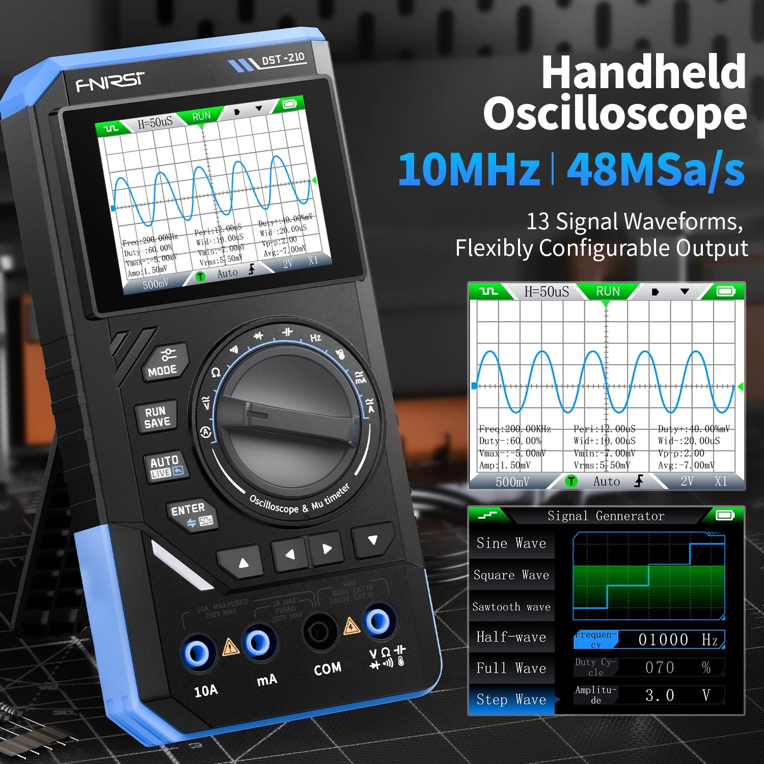 FNIRSI DST-210 and DST-201 3IN1 Digital Multimeter Oscilloscope Signal Source 19999 Counts 10MHz/1MHz Portable Electrician Tool Blackbox Automotive Diagnostics