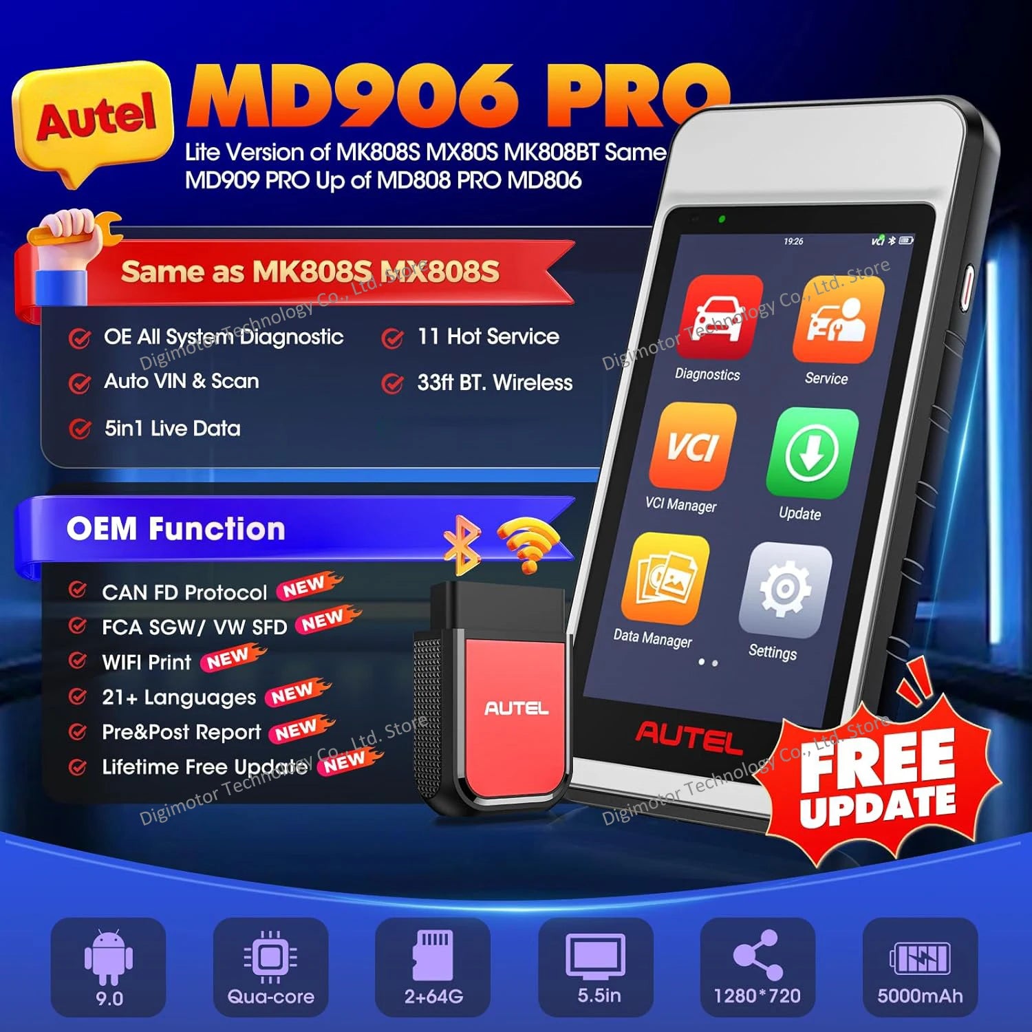 Autel MaxiDiag MD906 PRO Automotive OBD2 Scanner Full System Diagnostic Tool 11 service Free Update CAN FD, Up of AL519 MD808PRO Blackbox Automotive Diagnostics