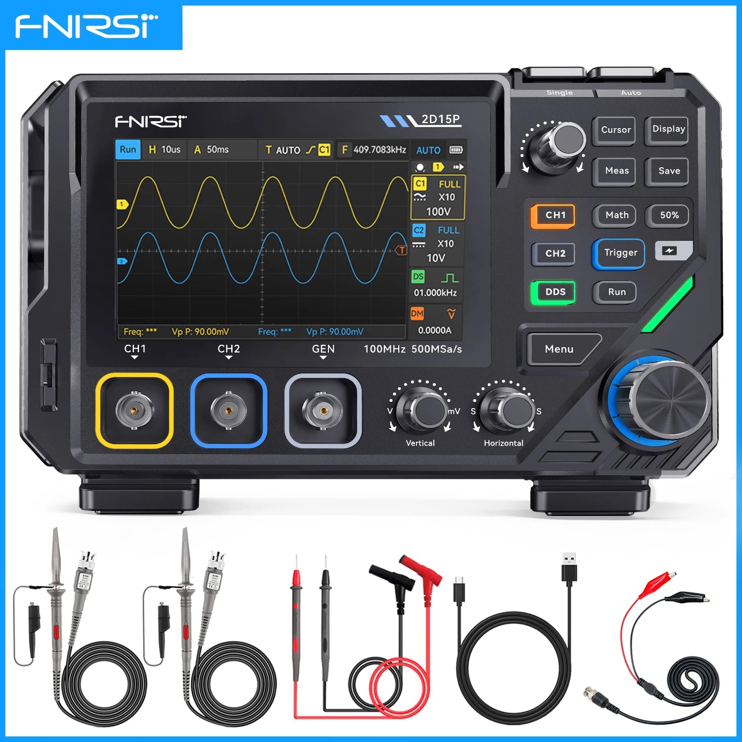FNIRSI 2D15P Digital Oscilloscope Multimeter Signal Generator 3IN1 Touch Screen 2Channel 100MHz Bandwidth 500MSa/s 20000 Counts Blackbox Automotive Diagnostics