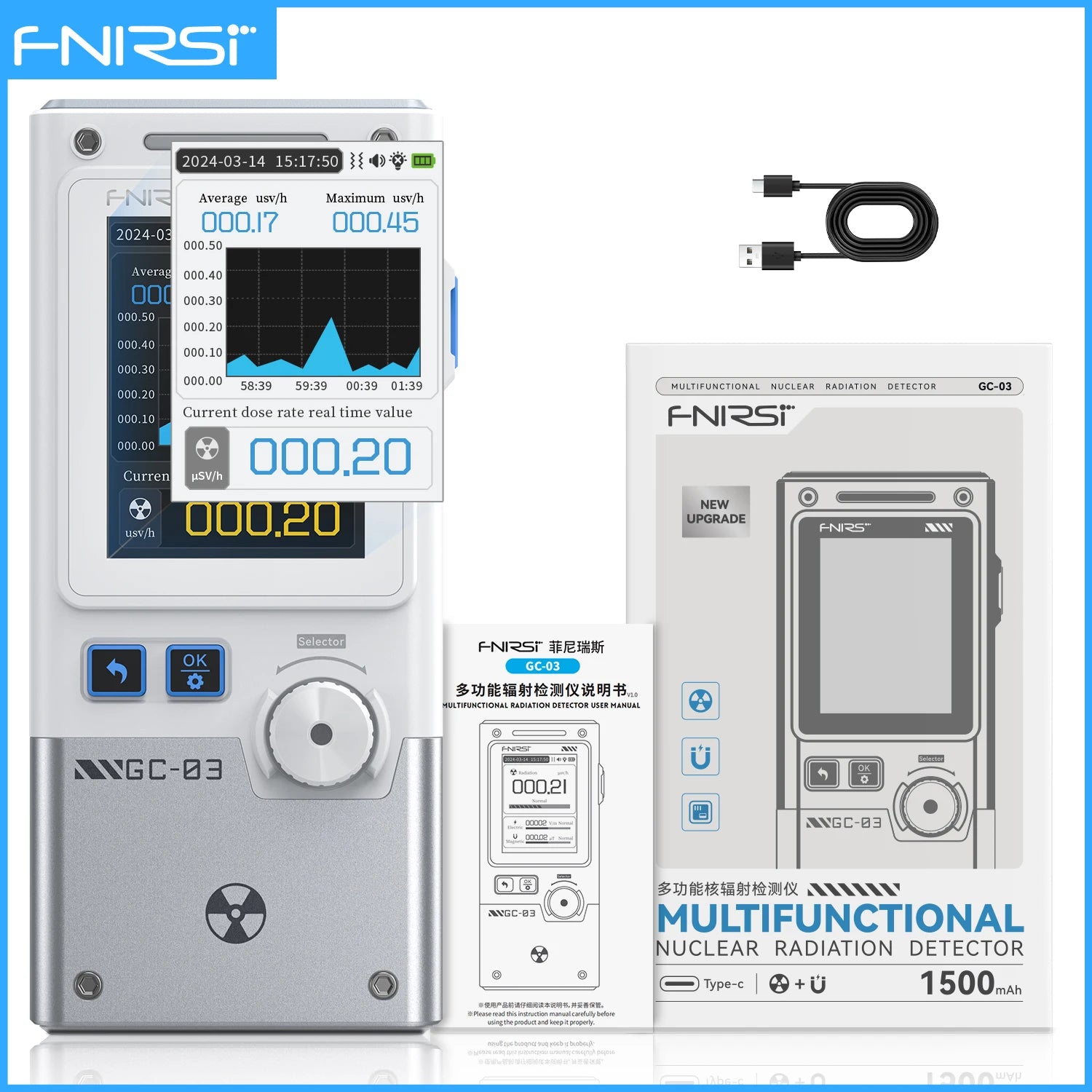 FNIRSI GC-03  3-IN-1 Electromagnetic Radiation Detector, Electric & Magnetic Field Strength, RF Power, Temperature Monitor Blackbox Automotive Diagnostics