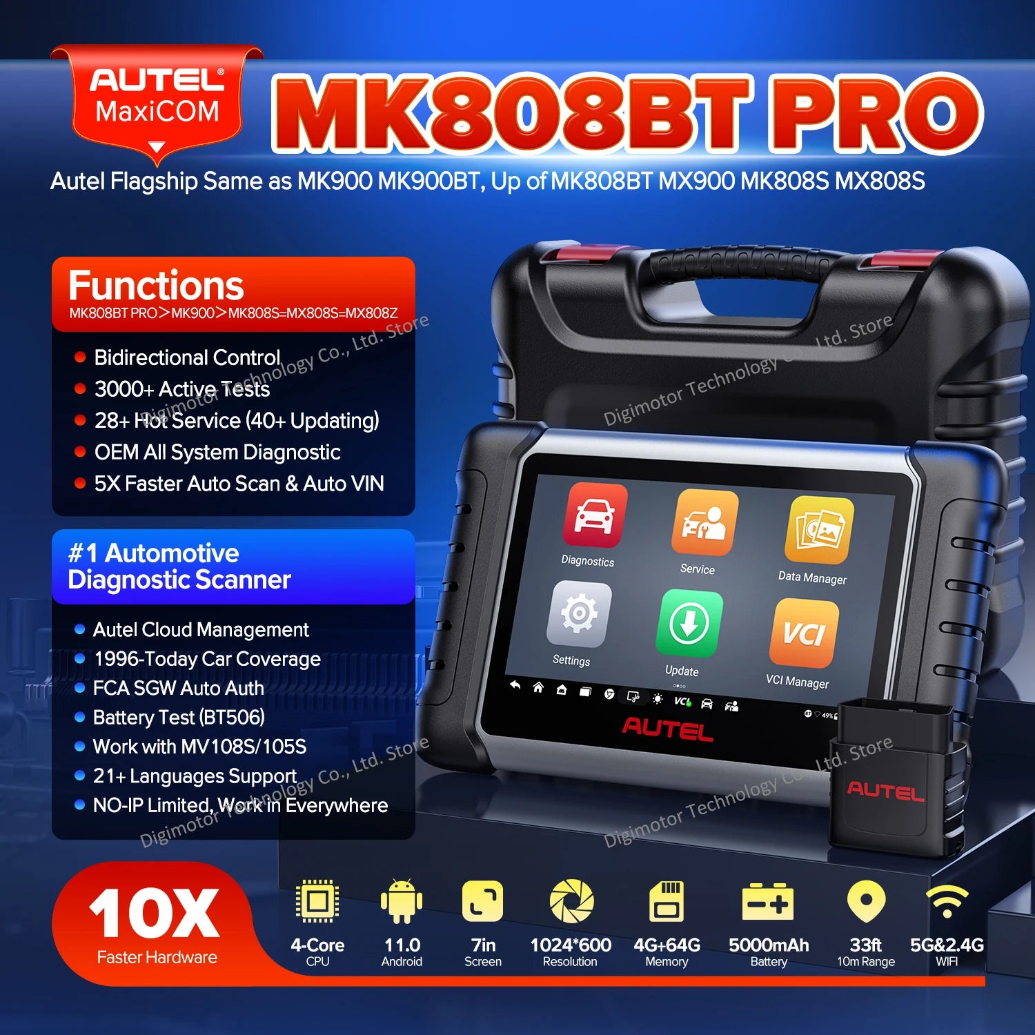Autel MaxiCOM MK808BT Pro Automotivo Diagnostic Scan Tool Bluetooth OBD2 Scanner Car Code Reader 3000+ Tests, PK MK808KBT MK808S Blackbox Automotive Diagnostics