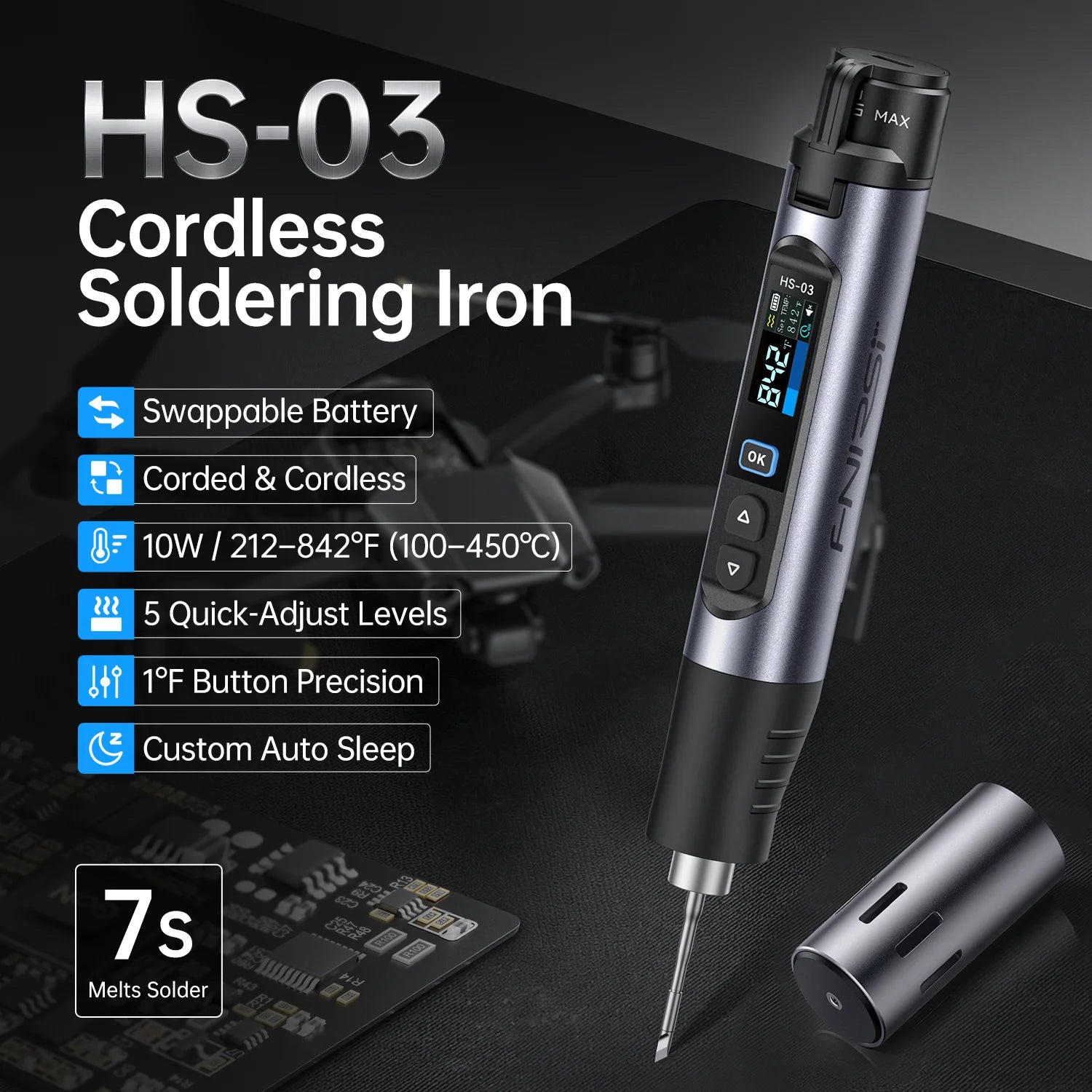FNIRSI HS-03 Wireless Soldering Iron 10W Rechargeable Portable Soldering Iron 100-450℃ Adjustable Professional Soldering Kit Blackbox Automotive Diagnostics