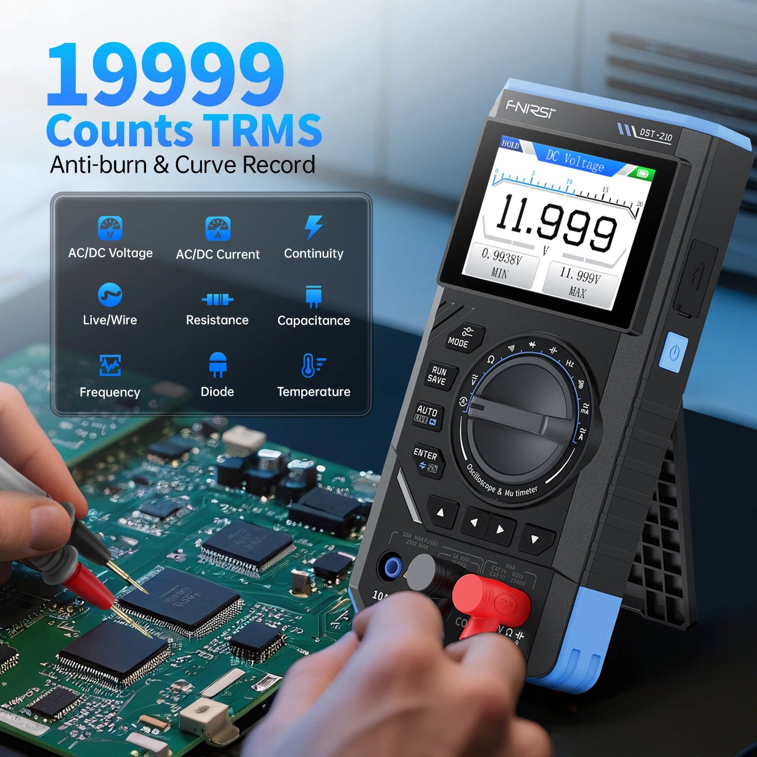 FNIRSI DST-210 and DST-201 3IN1 Digital Multimeter Oscilloscope Signal Source 19999 Counts 10MHz/1MHz Portable Electrician Tool Blackbox Automotive Diagnostics