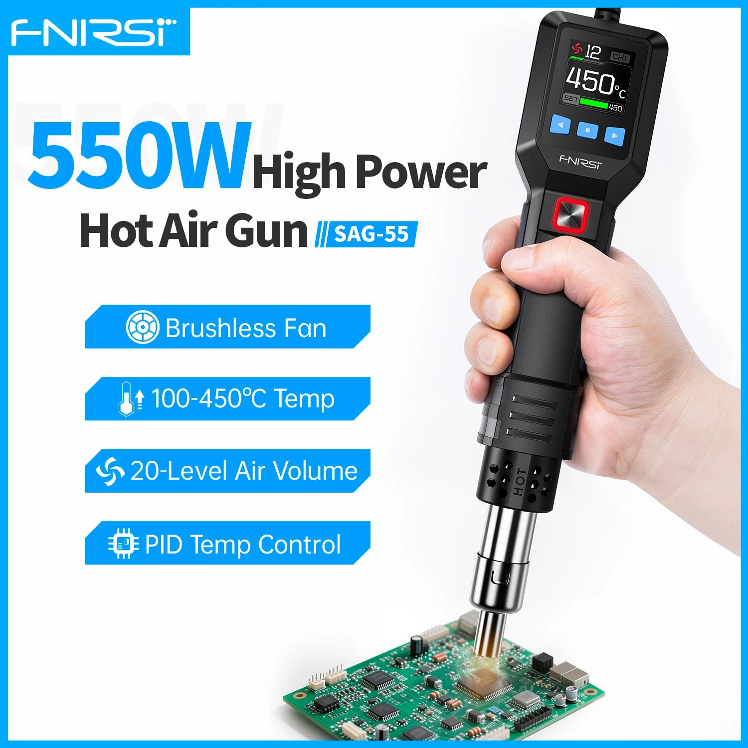 FNIRSI SAG-55 550W Hot Air Gun with Stand Rework LCD Digital Hair Dryer Adjustable Temperature Heat Gun for Phone Repair Tools Blackbox Automotive Diagnostics