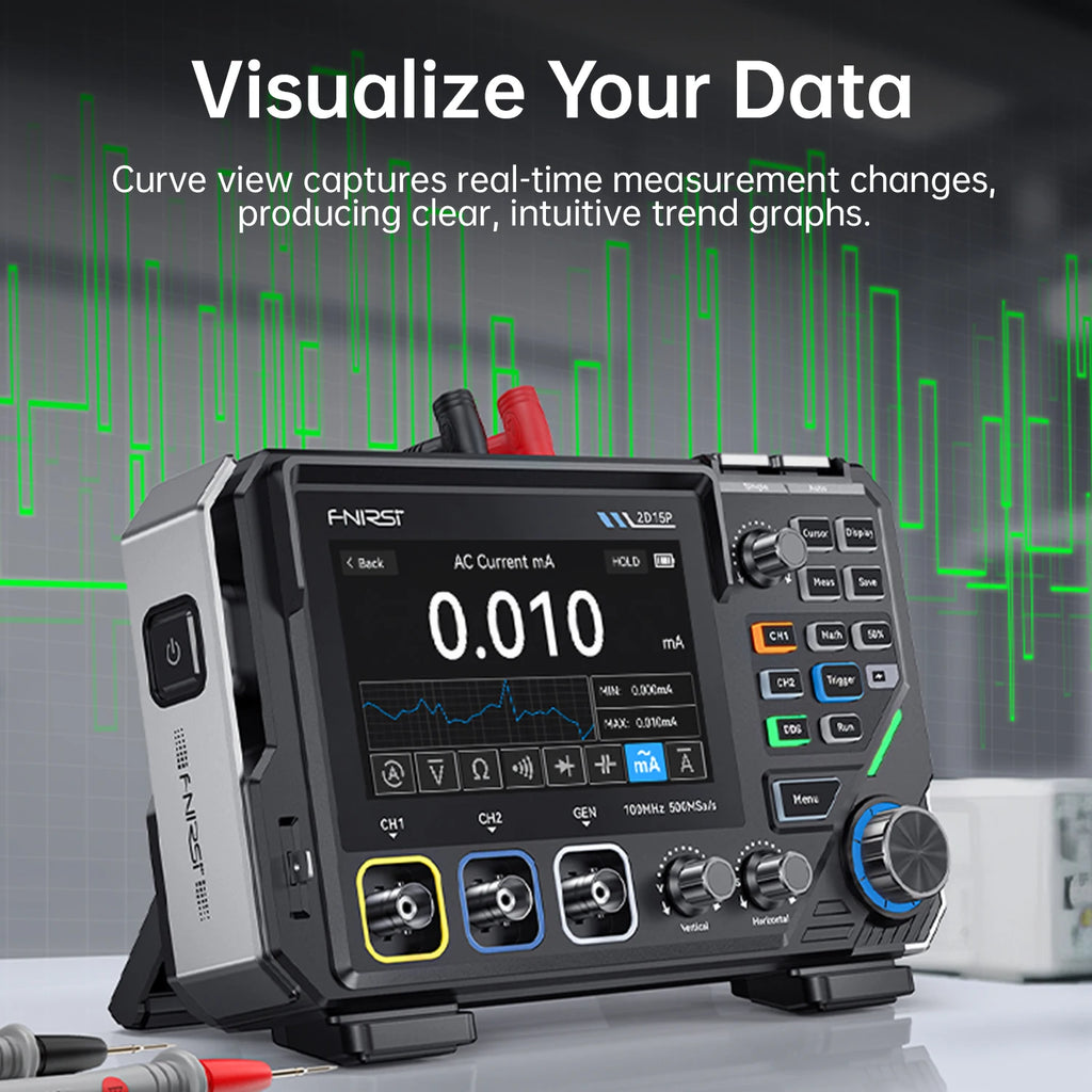 FNIRSI 2D15P Digital Oscilloscope Multimeter Signal Generator 3IN1 Touch Screen 2Channel 100MHz Bandwidth 500MSa/s 20000 Counts Blackbox Automotive Diagnostics