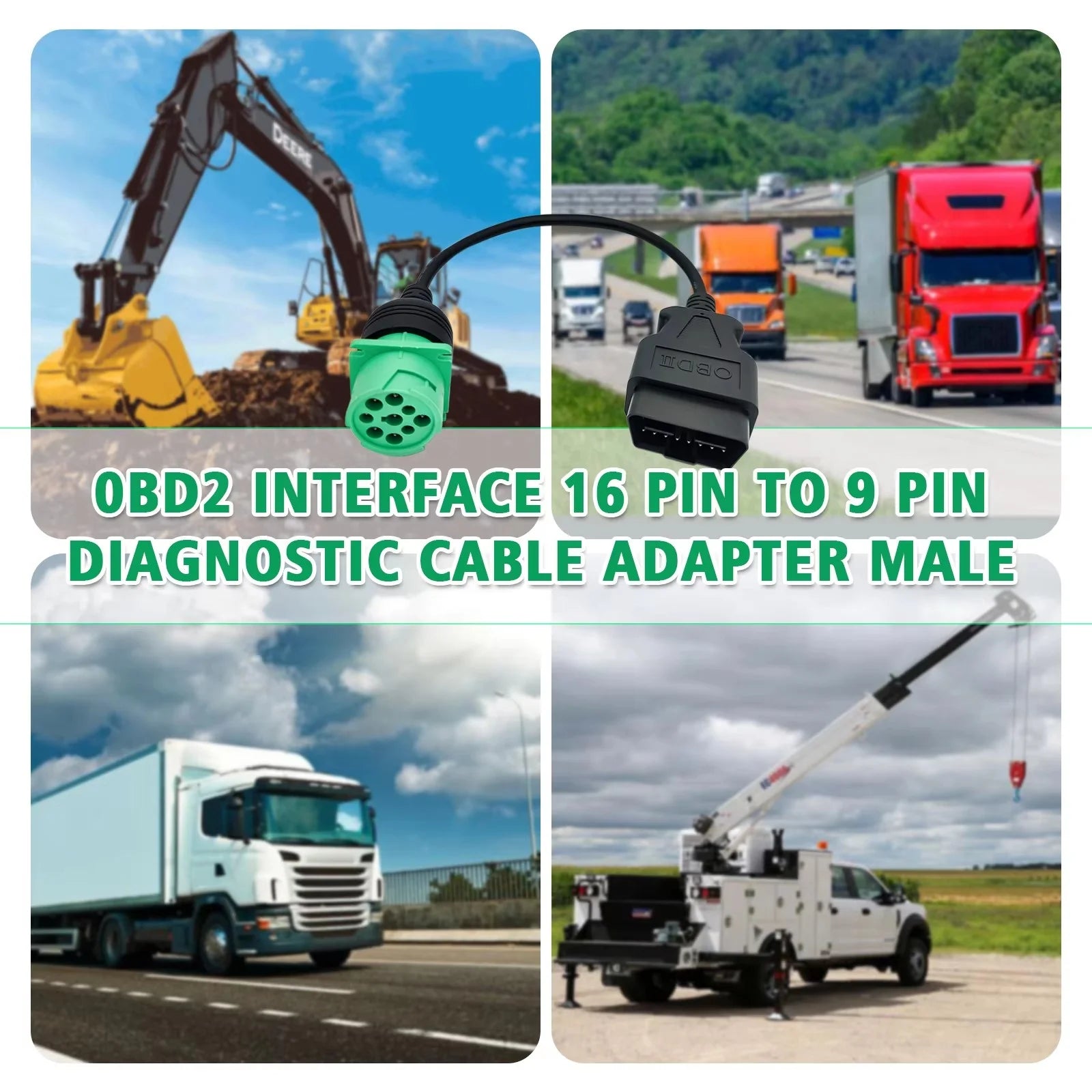 OBD2 to J1939 Green Type 2 Adapter Cable (16 Pin Male to 9 Pin Female Connector) for Heavy Duty Trucks and Commercial Vehicles Blackbox Automotive Diagnostics