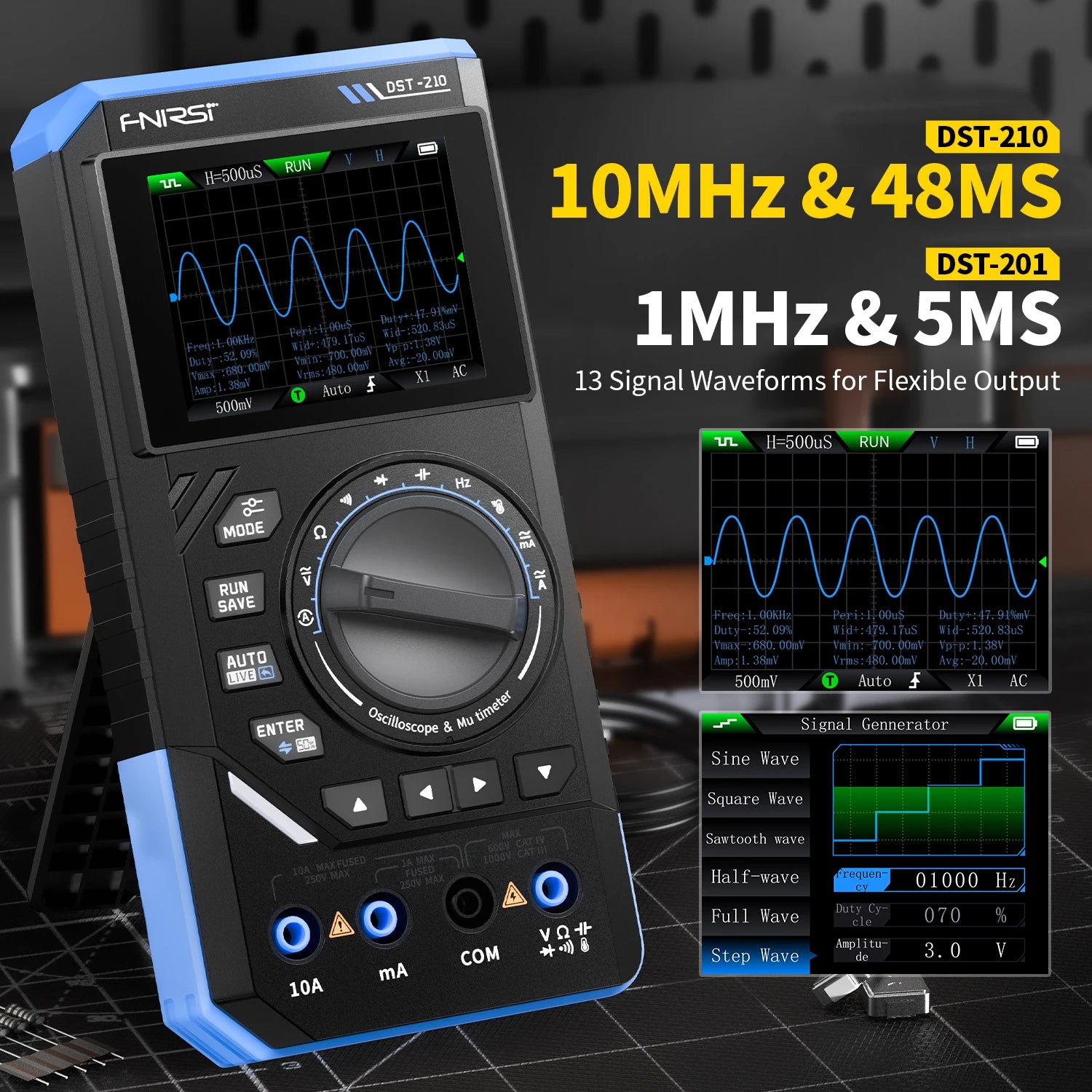 FNIRSI DST-210 and DST-201 3IN1 Digital Multimeter Oscilloscope Signal Source 19999 Counts 10MHz/1MHz Portable Electrician Tools Blackbox Automotive Diagnostics