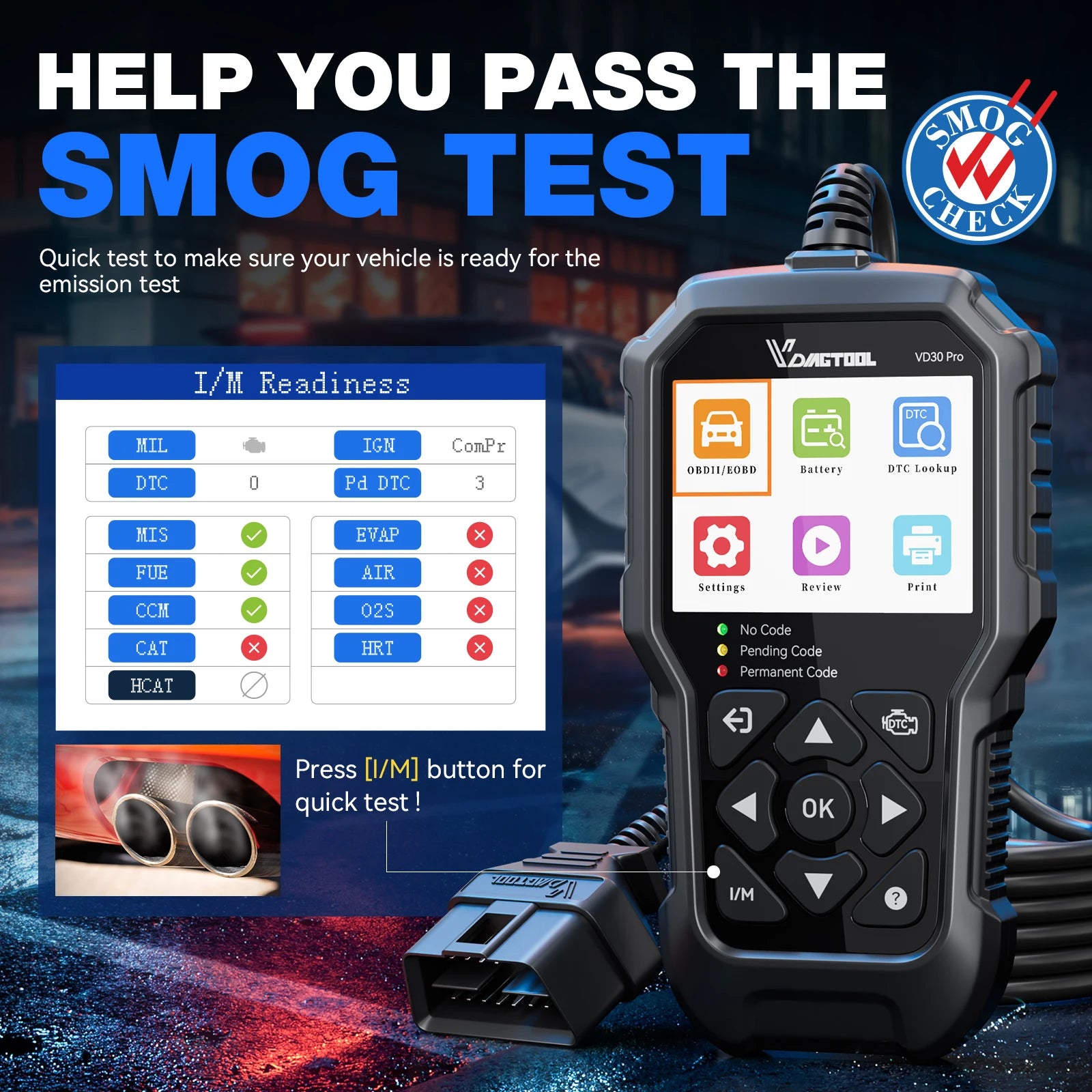 VDIAGTOOL VD30 Pro OBD2 Scanner Diagnostic Tool with Reset  Live Data Freeze Frame I/M Readiness for Cars and Trucks Blackbox Automotive Diagnostics