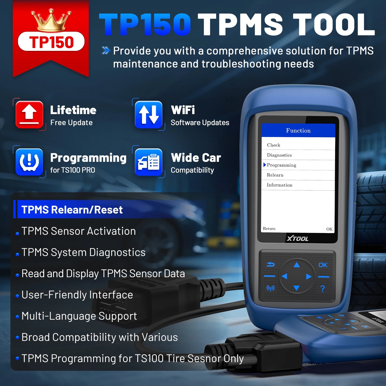 XTOOL TP150 TPMS Programming Tools For 315Mhz & 433Mhz Sensors Tire Pressure Reset Tool Sensor Activation Lifetime Free Update Blackbox Automotive Diagnostics