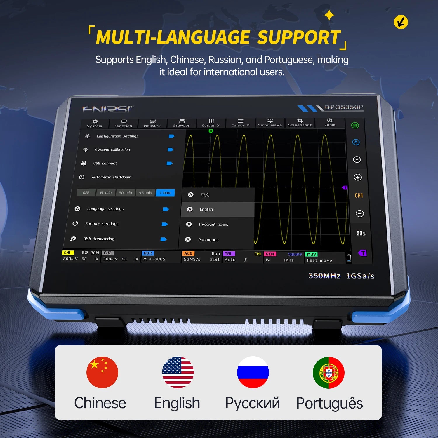 FNIRSI DPOS350P 4in1 Tablet Oscilloscope 2 Channel 350MHz Signal Generator 50MHz, Spectrum Analyzer, Frequency Response Analyzer Blackbox Automotive Diagnostics